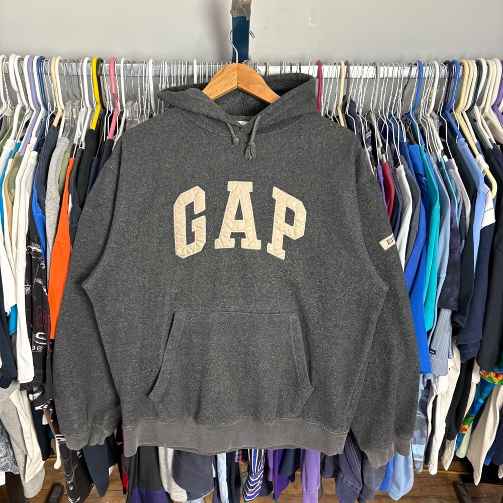 Gap Mens Fleece Hoodie Charcoal Gray Quilted Logo Pullover Sweatshirt Medium